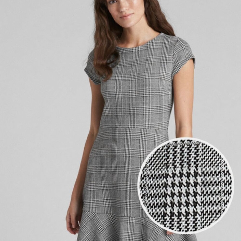 Gap Houndstooth Plaid Fit and Flare Peplum Dress Gray Black Plaid 2 EUC Trumpet